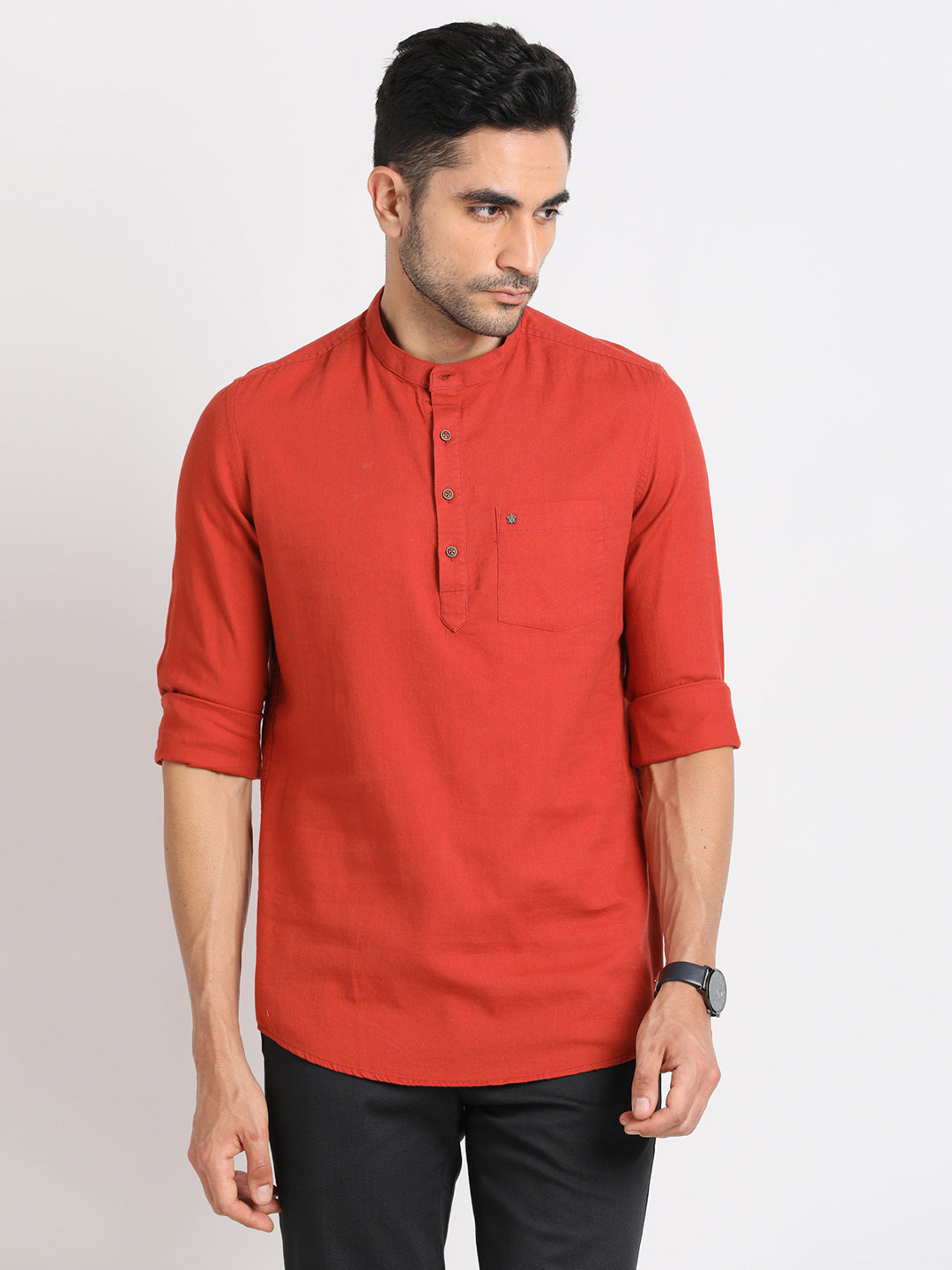 100% Cotton Brick Red Plain Slim Fit Full Sleeve Casual Shirt