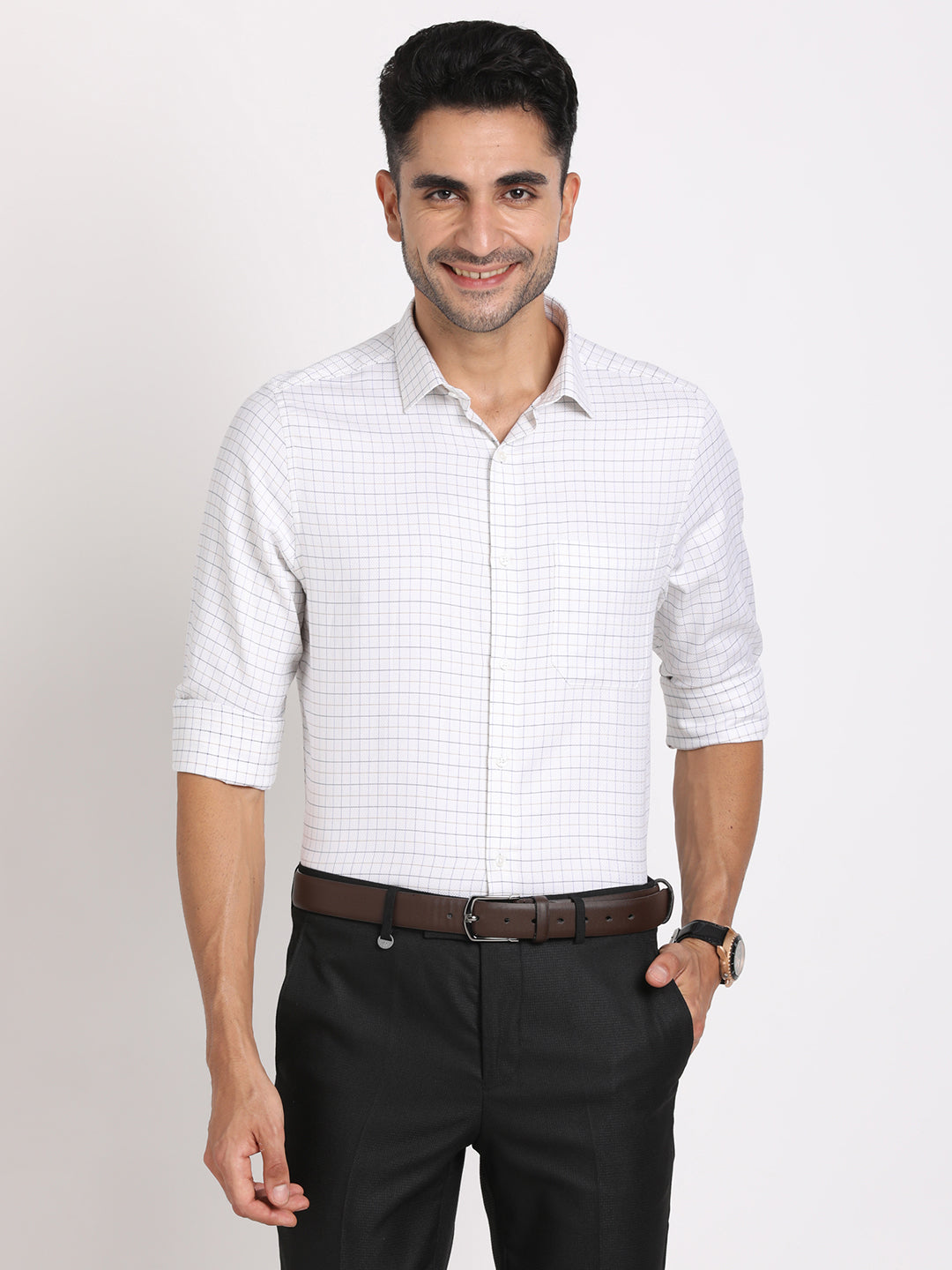 100% Cotton Off White Checkered Slim Fit Full Sleeve Formal Shirt