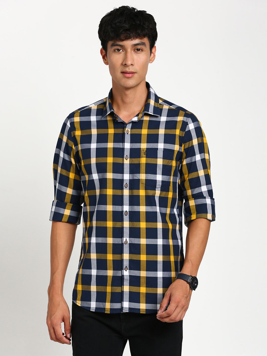 100% Cotton Navy Blue Checkered Slim Fit Full Sleeve Casual Shirt