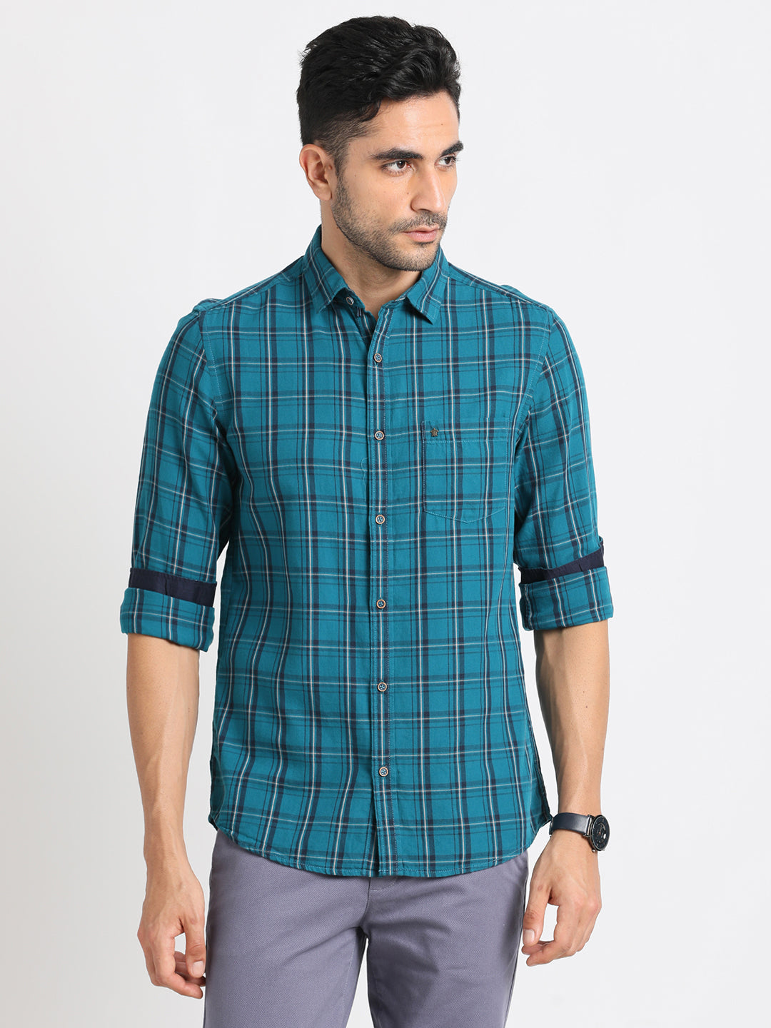 100% Cotton Blue Checkered Slim Fit Full Sleeve Casual Shirt