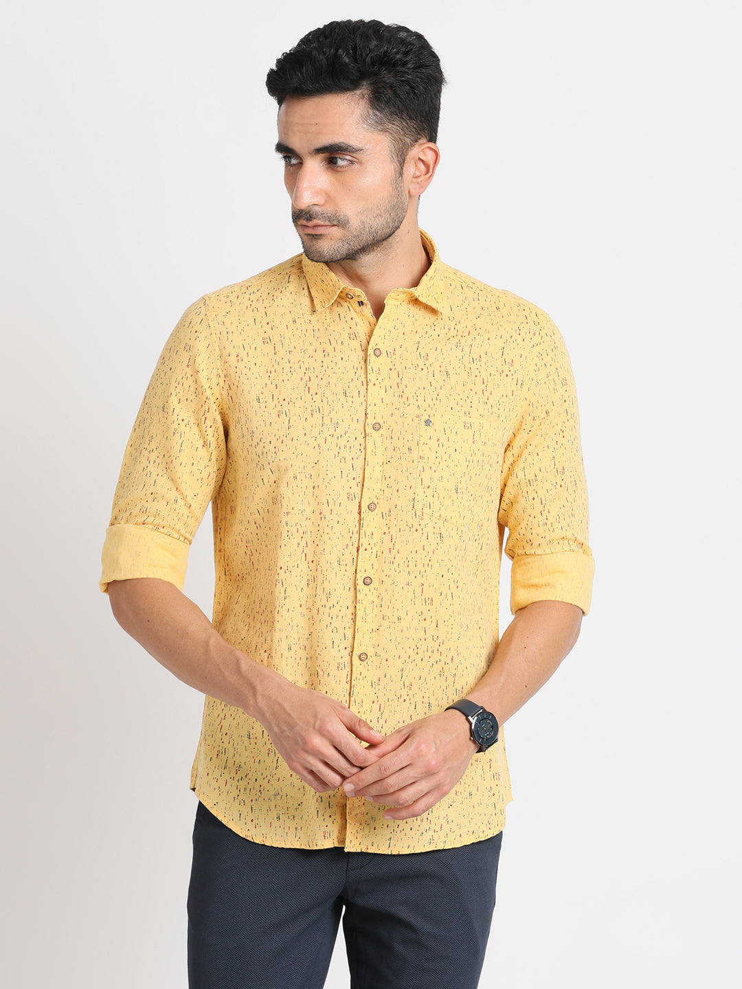 Cotton Linen Yellow Printed Slim Fit Full Sleeve Casual Shirt