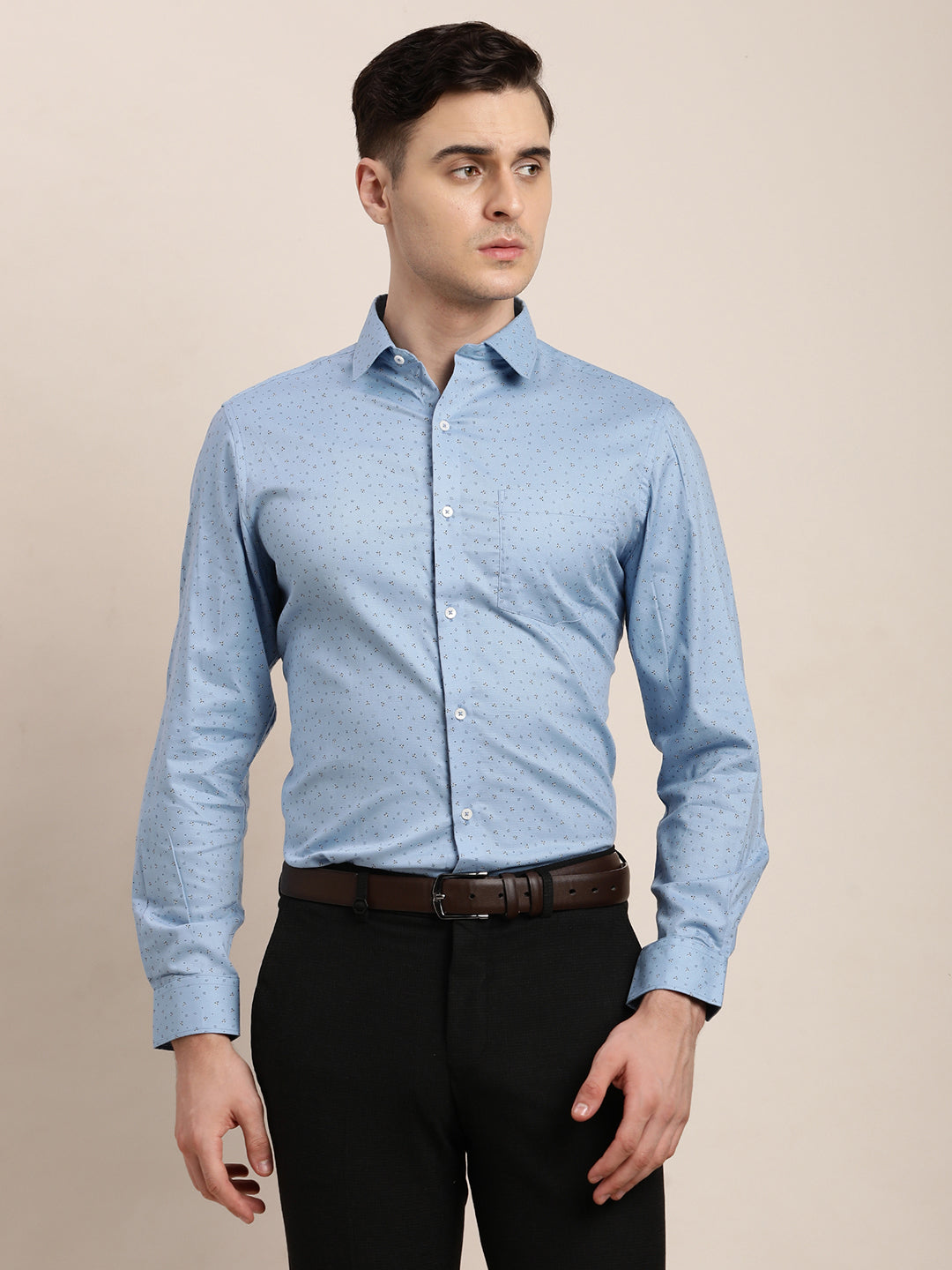 100% Cotton Light Blue Printed Regular Fit Full Sleeve Formal Shirt