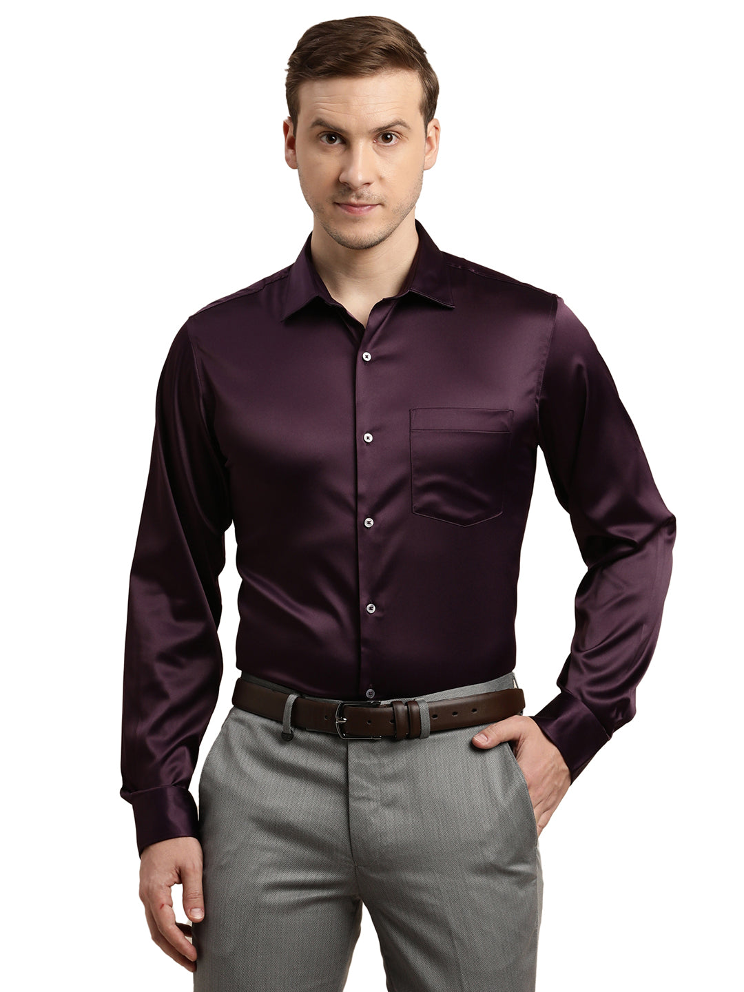 Poly Satin Purple Plain Slim Fit Full Sleeve Ceremonial Shirt