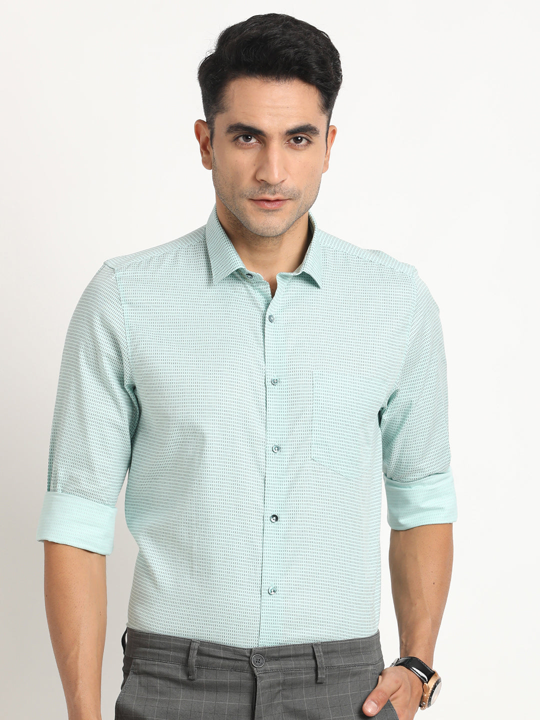 Cotton Tencel Green Printed Full Sleeve Formal Shirt