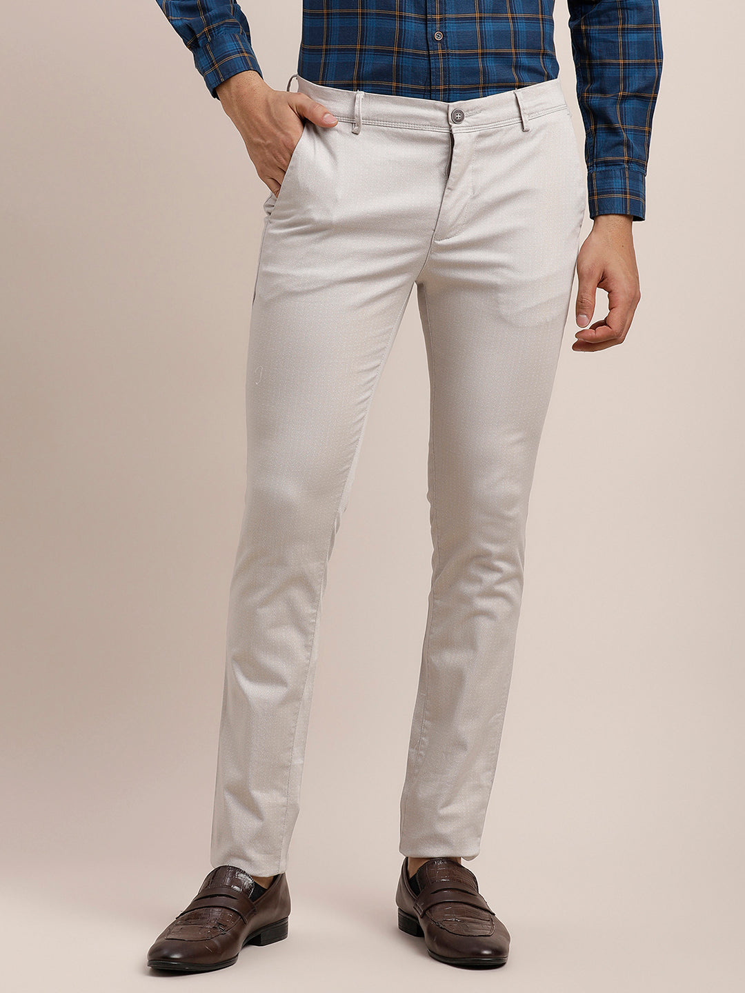 Cotton Stretch Off White Printed Narrow Fit Flat Front Casual Trouser