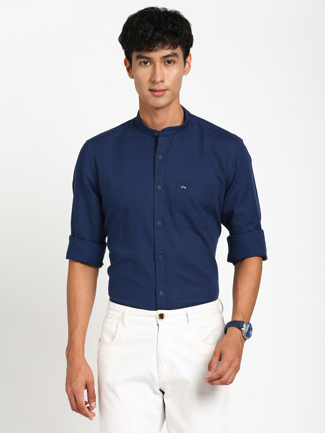 Cotton Linen Navy Blue Plain Slim Fit Full Sleeve Casual Shirt