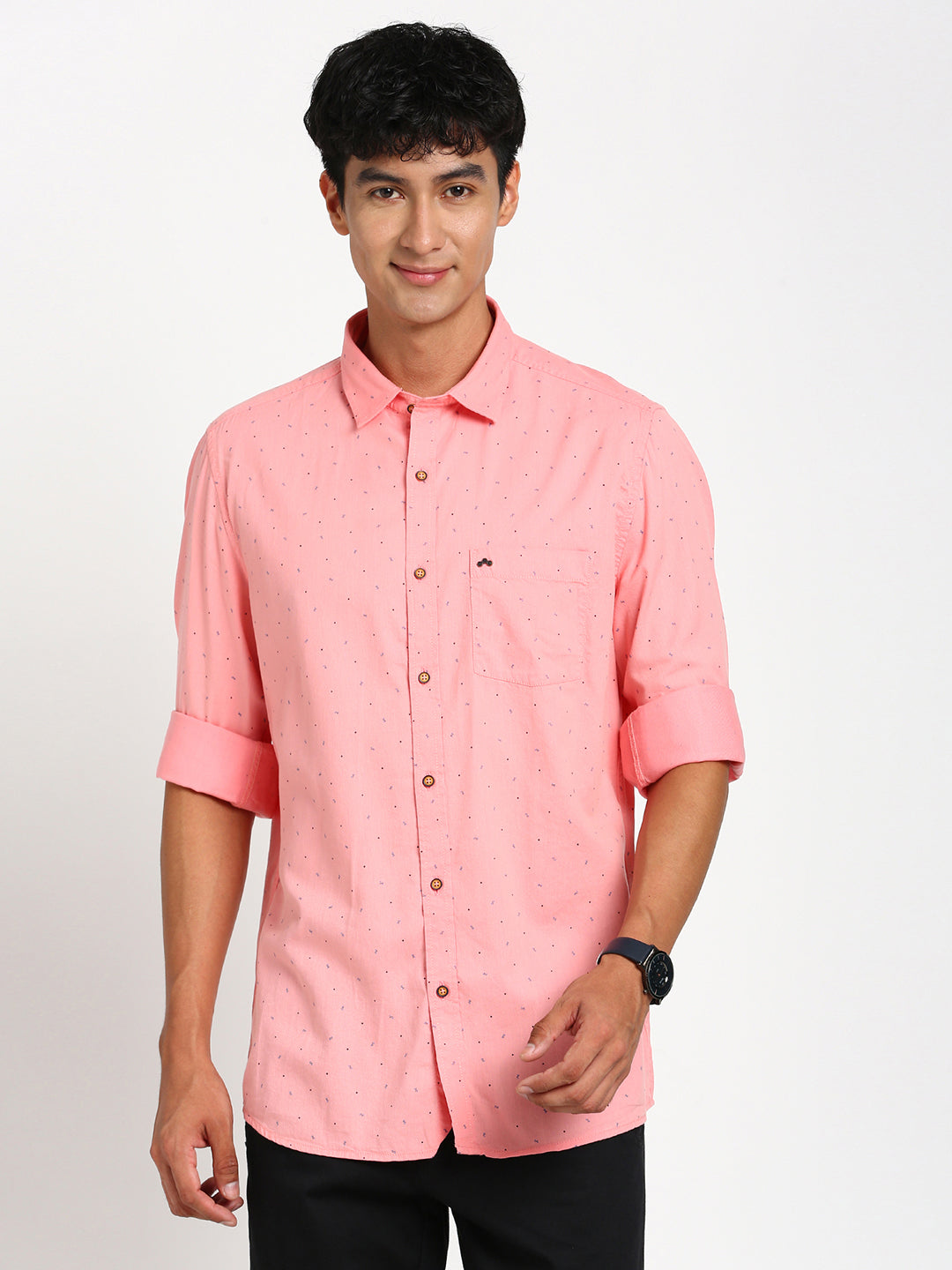 Cotton Tencel Peach Printed Slim Fit Full Sleeve Casual Shirt