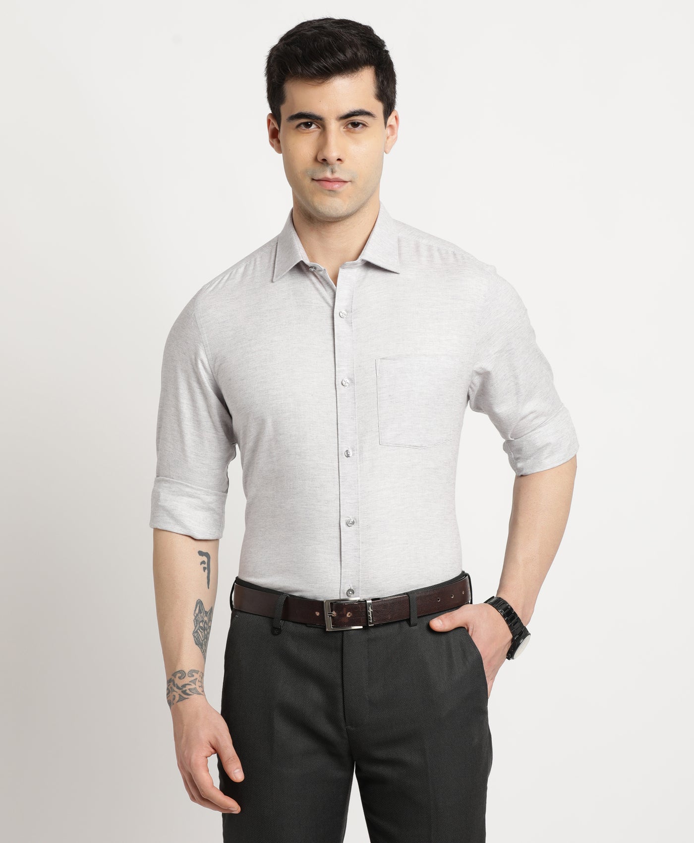 100% Cotton Grey Plain Slim Fit Full Sleeve Formal Shirt