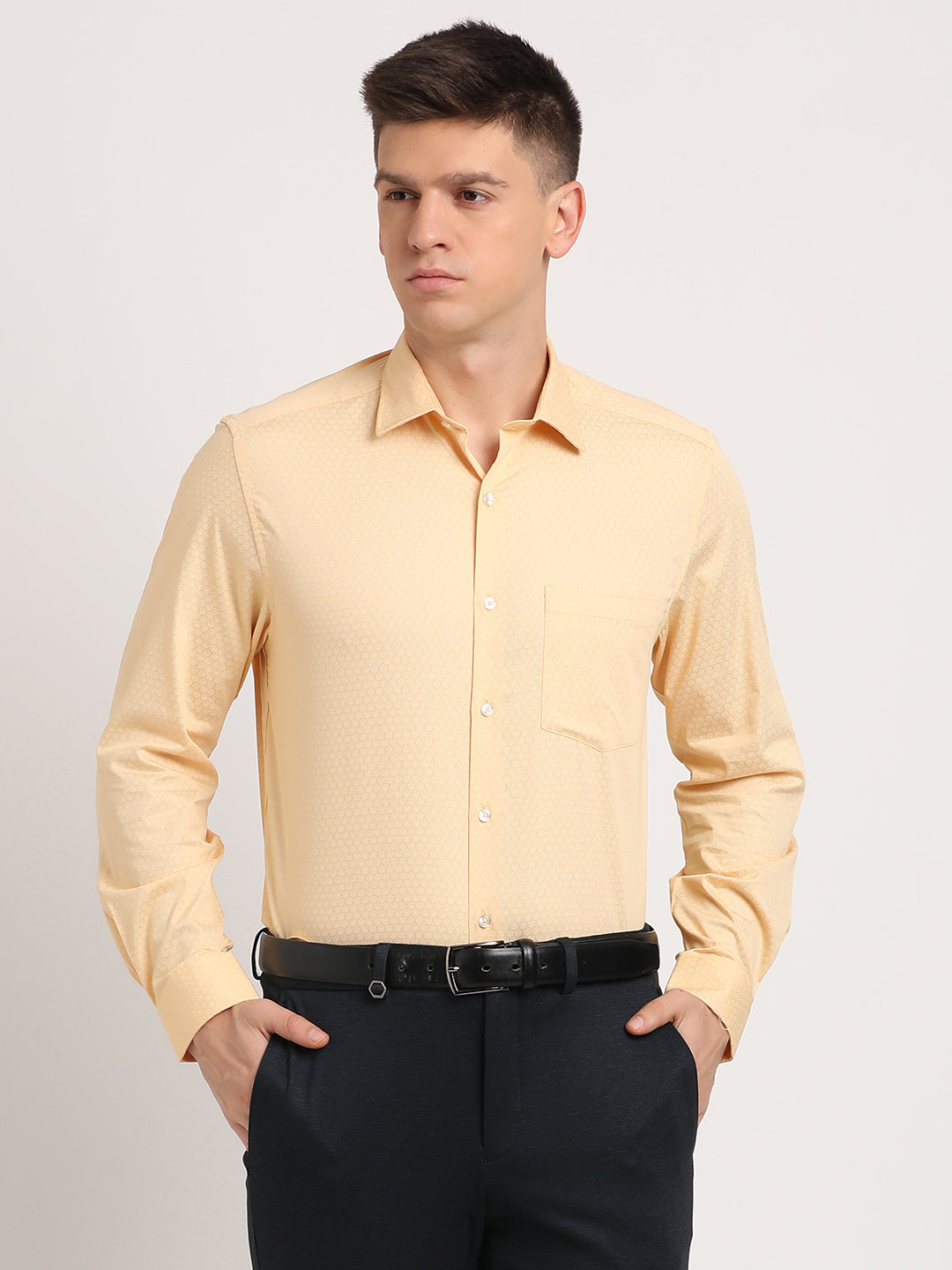 100% Cotton Yellow Printed Regular Fit Full Sleeve Formal Shirt