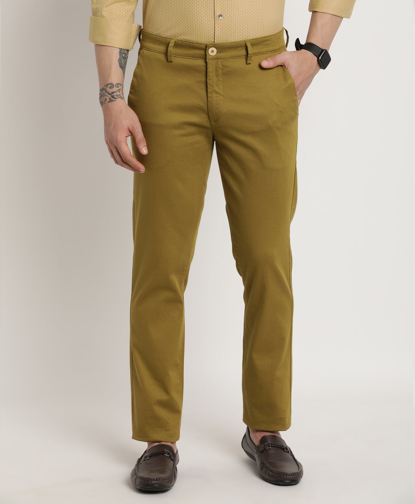 Cotton Stretch Khaki Dobby Ultra Slim Fit Flat Front Casual Trouser