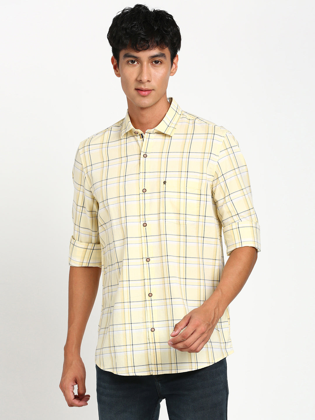 100% Cotton Yellow Checkered Slim Fit Full Sleeve Casual Shirt