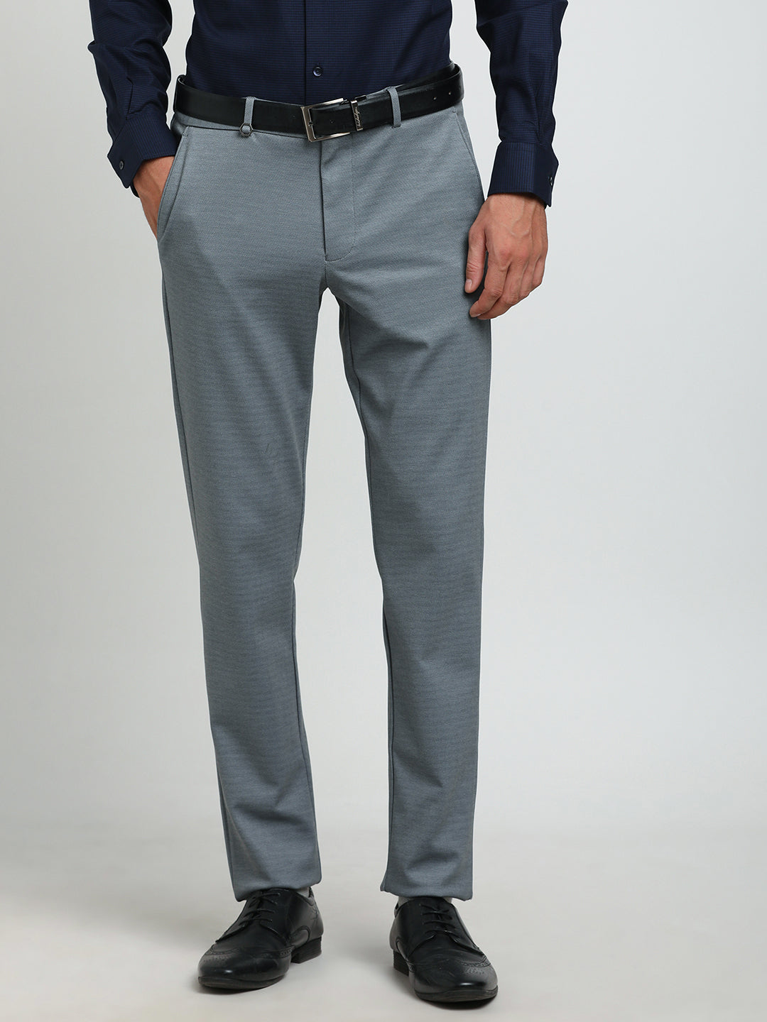 Cotton Light Grey Dobby Slim Fit Flat Front Ceremonial Trouser