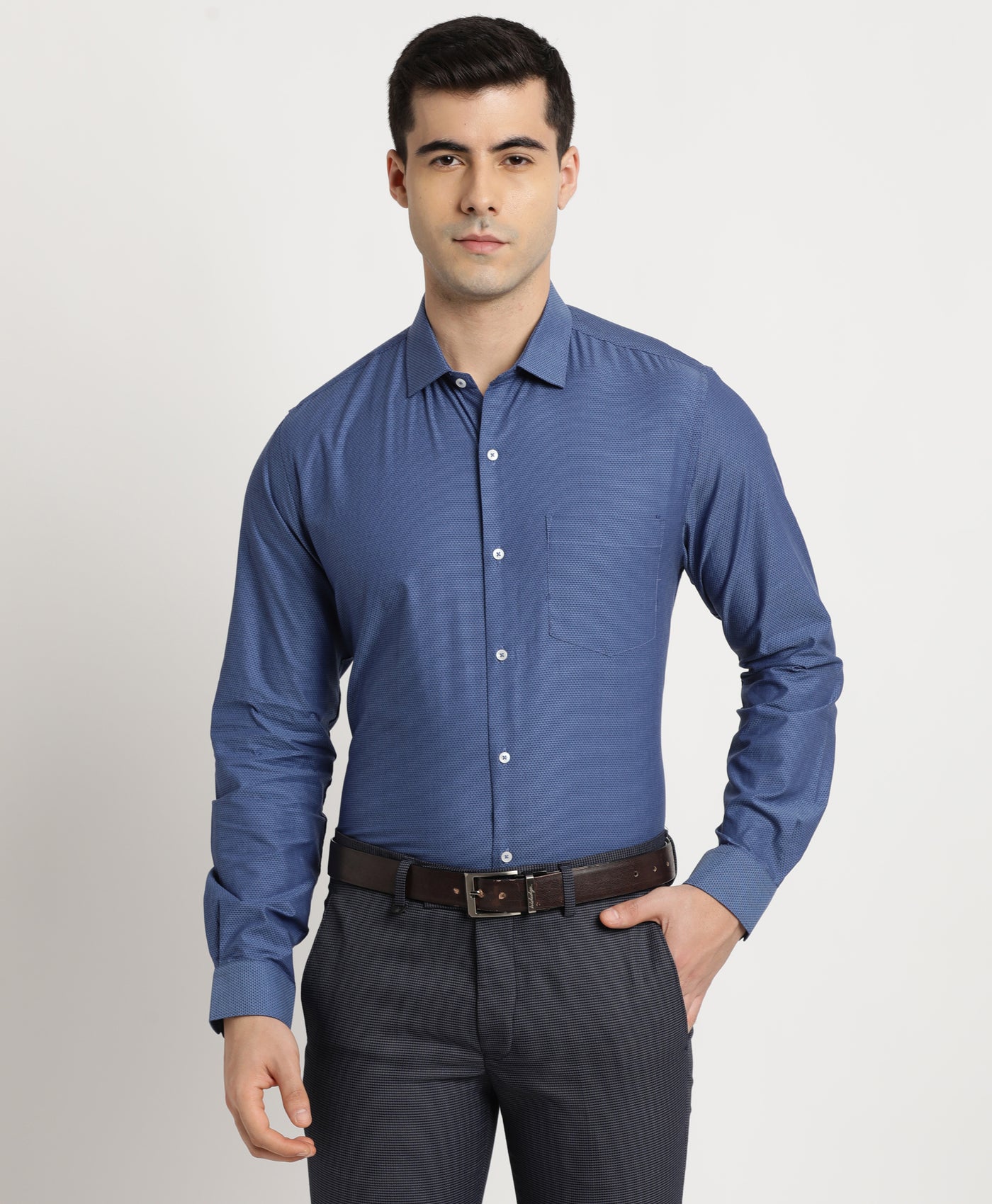 100% Cotton Navy Blue Dobby Slim Fit Full Sleeve Formal Shirt