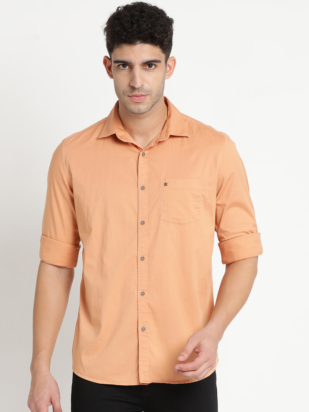 100% Cotton Peach Plain Slim Fit Full Sleeve Casual Shirt