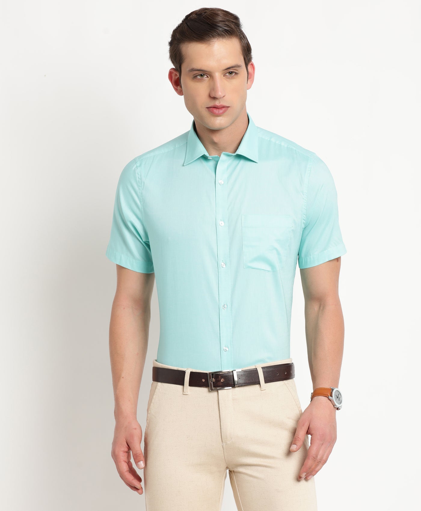 100% Cotton Sea Green Plain Regular Fit Half Sleeve Formal Shirt