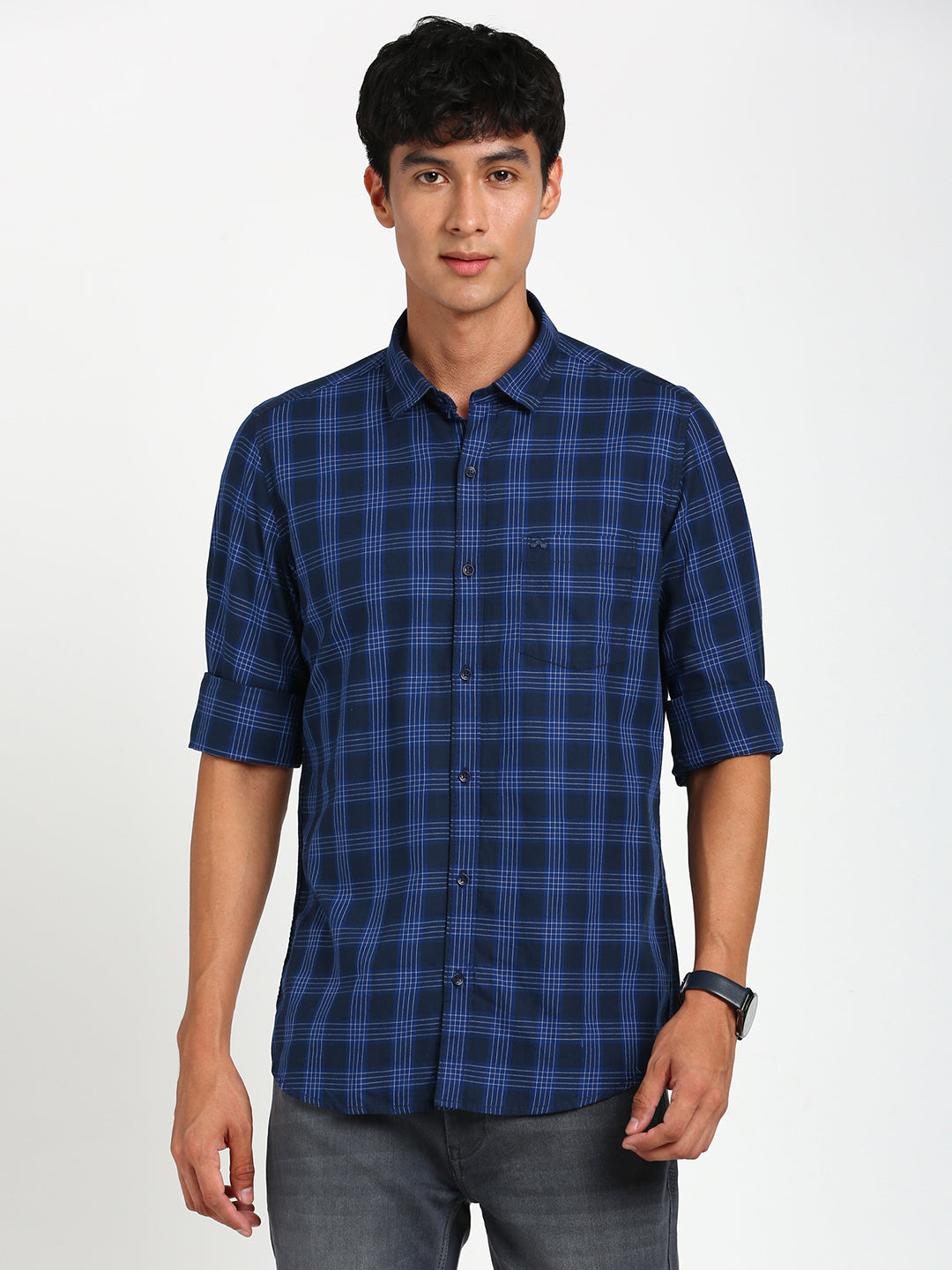 100% Cotton Navy Blue Checkered Slim Fit Full Sleeve Casual Shirt