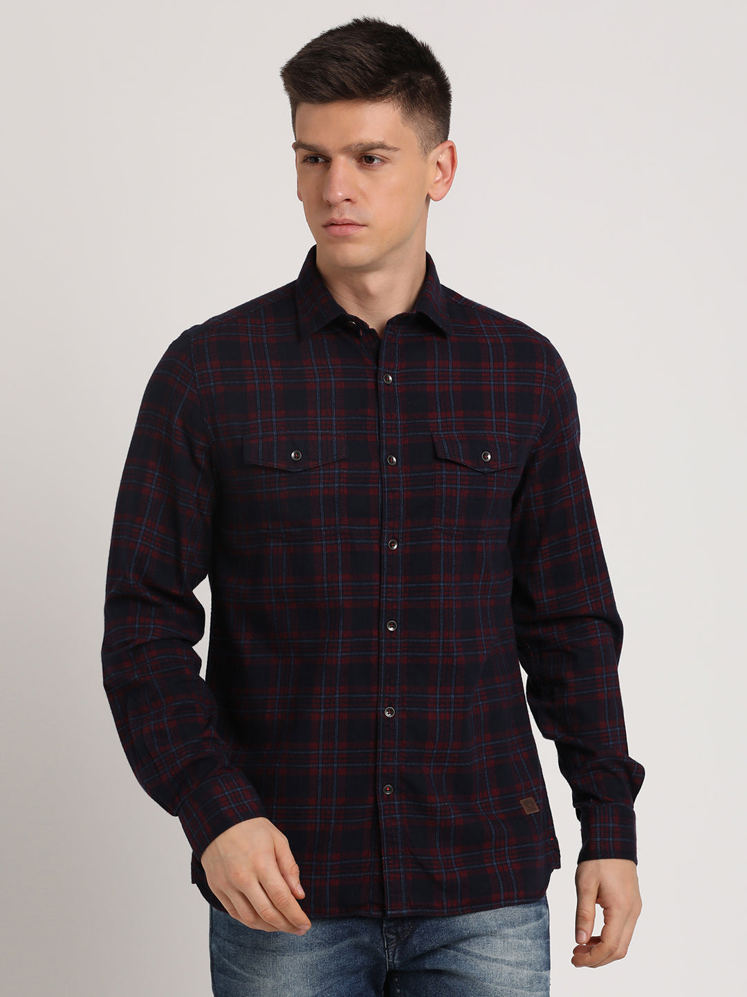 100% Cotton Dark Blue Checkered Slim Fit Full Sleeve Casual Shirt