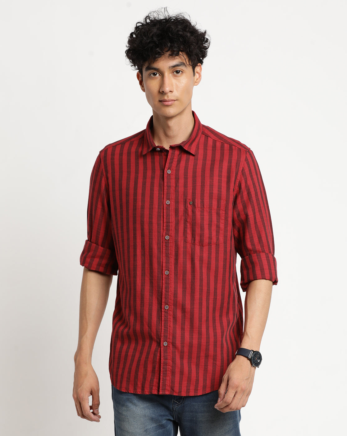 Cotton Melange Maroon Checkered Slim Fit Full Sleeve Casual Shirt