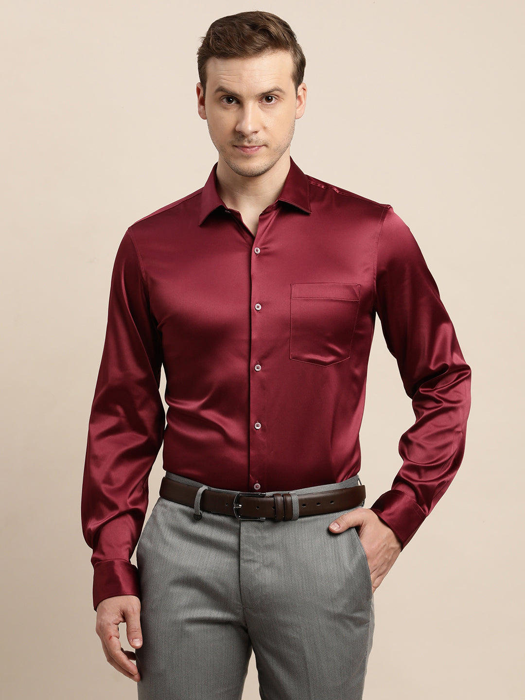 Poly Satin Maroon Plain Slim Fit Full Sleeve Ceremonial Shirt