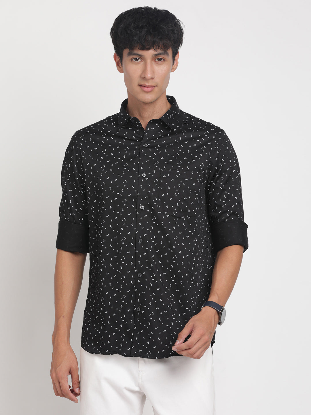 100% Cotton Black Printed Slim Fit Full Sleeve Formal Shirt