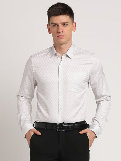 100% Cotton White Printed Slim Fit Full Sleeve Formal Shirt