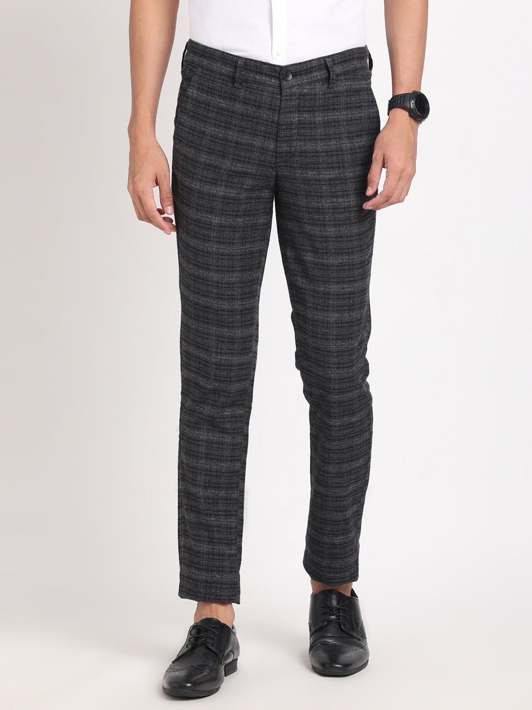 Cotton Stretch Grey Checkered Narrow Fit Flat Front Casual Trouser