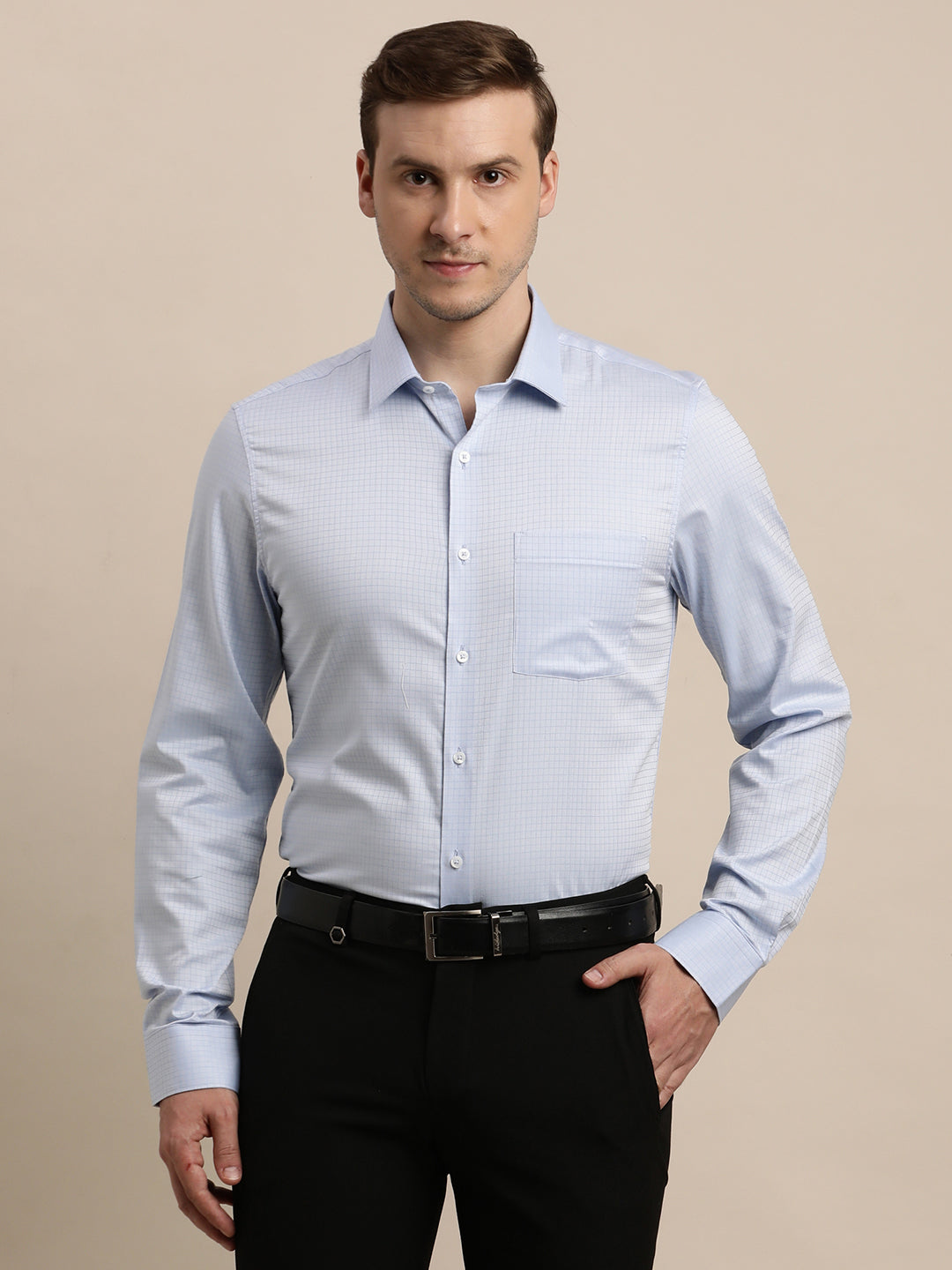 100% Cotton Blue Checkered Slim Fit Full Sleeve Formal Shirt