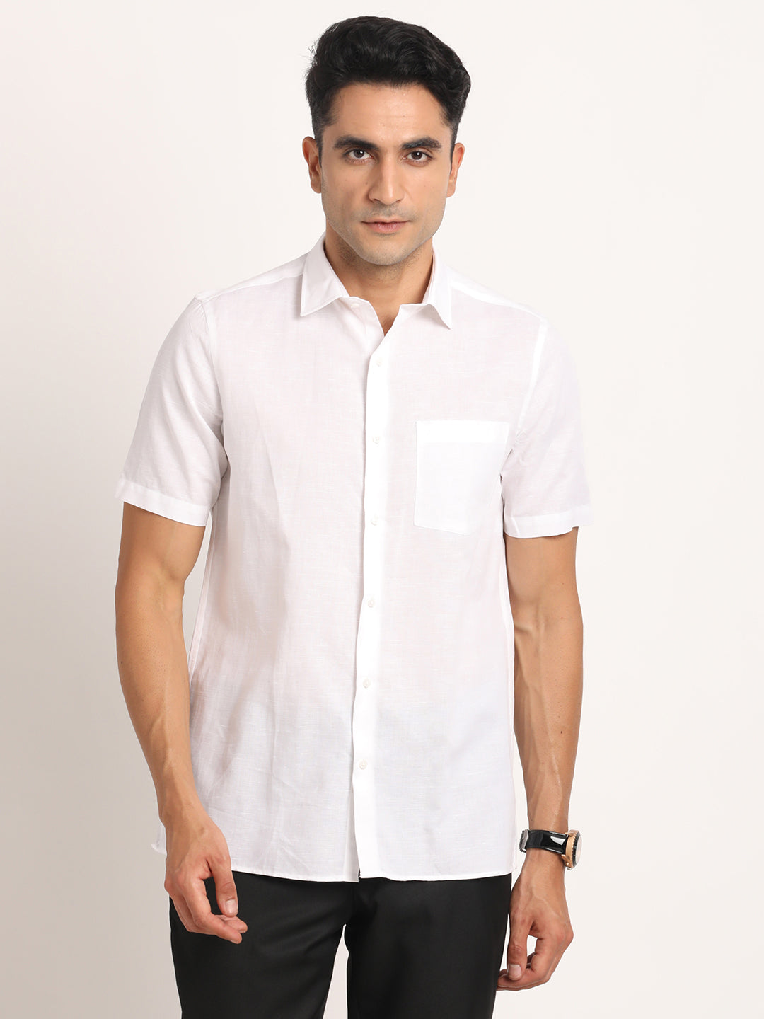 Cotton Linen White Plain Half Sleeve Formal Shirt