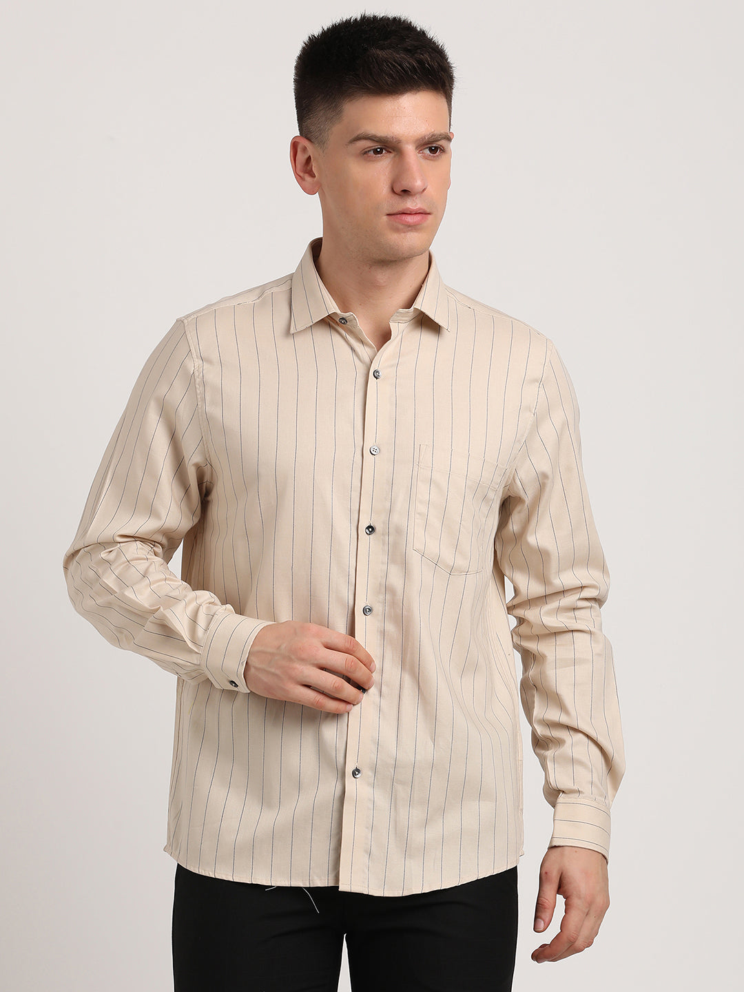 100% Cotton Beige Striped Slim Fit Full Sleeve Formal Shirt