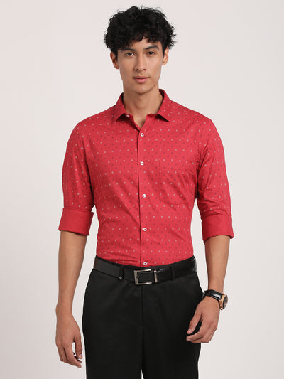 Turtle Men Pure Cotton Red Printed Slim Fit Formal Shirts