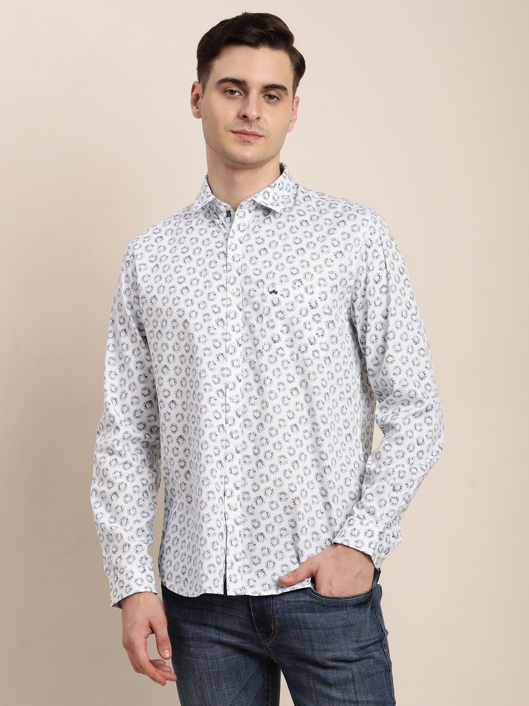 100% Cotton White Printed Slim Fit Full Sleeve Casual Shirt