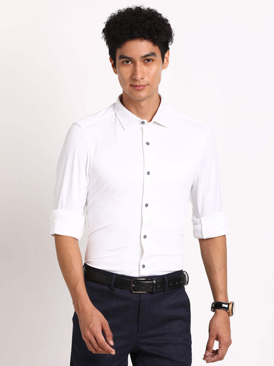 Poly Spandex Melange White Plain Ultra Slim Fit Full Sleeve Formal Shirt