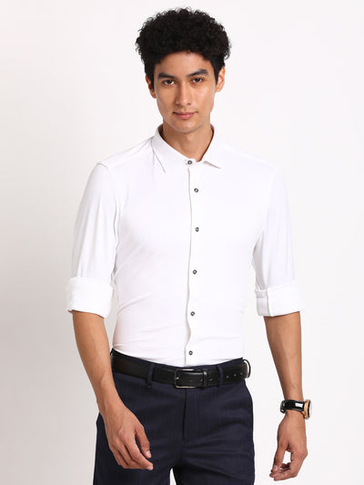 Poly Spandex Melange White Plain Ultra Slim Fit Full Sleeve Formal Shirt