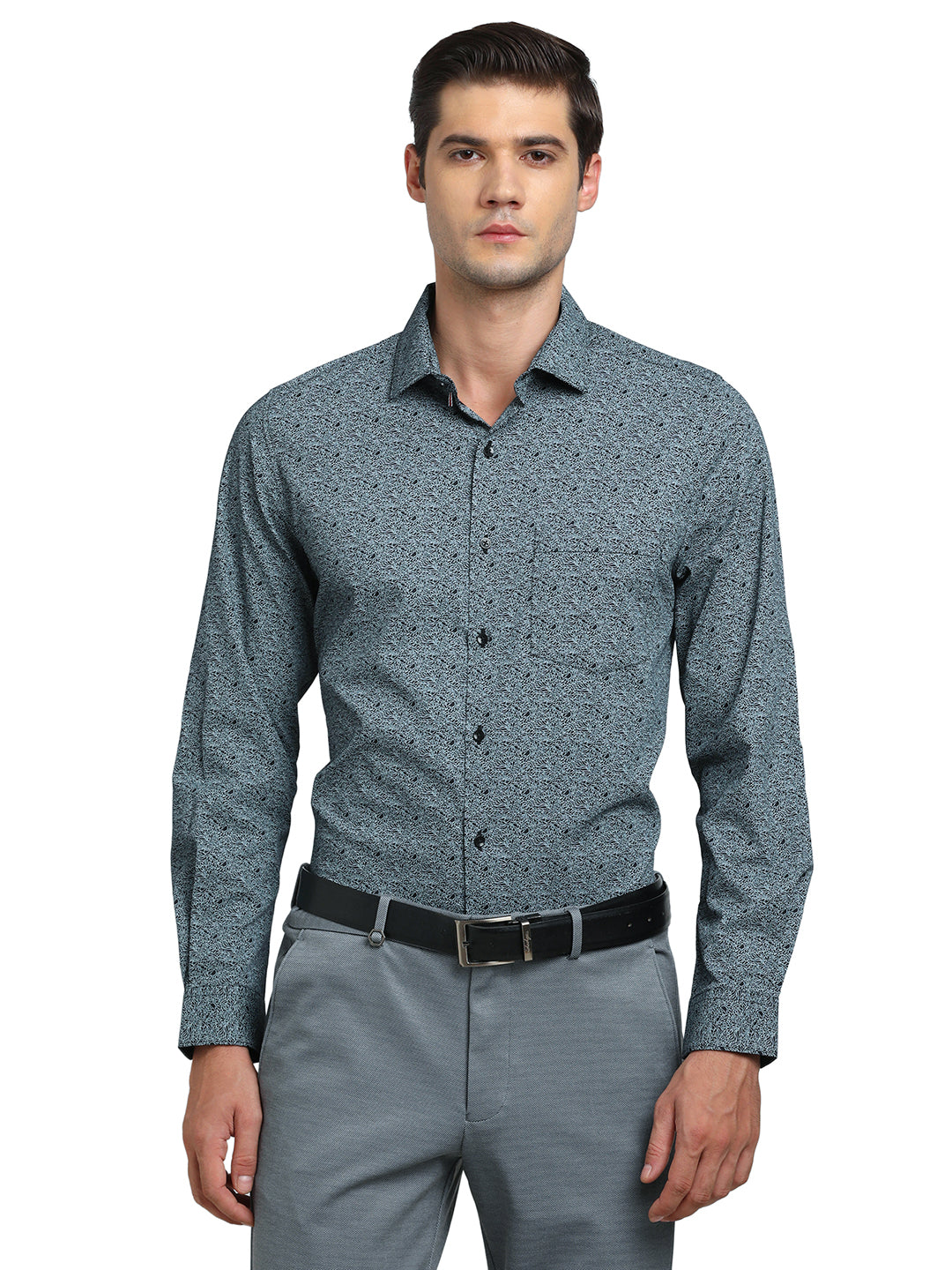 100% Cotton Grey Printed Slim Fit Full Sleeve Formal Shirt