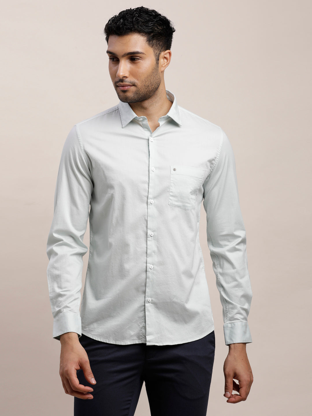 Cotton Stretch Grey Plain Slim Fit Full Sleeve Casual Shirt