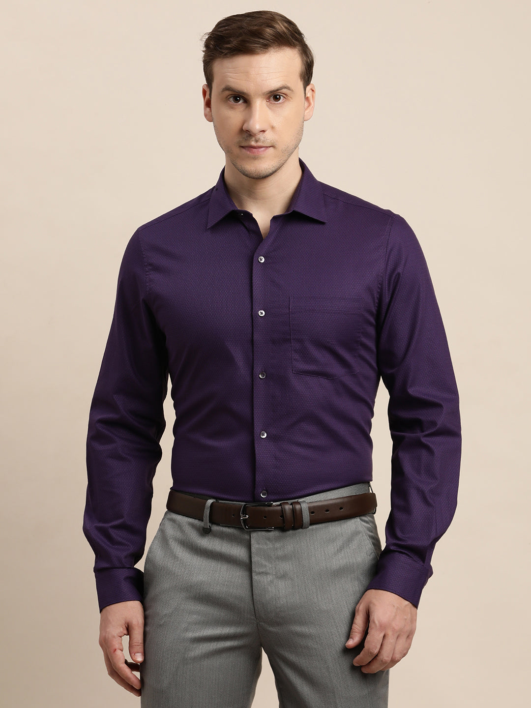 100% Cotton Purple Dobby Slim Fit Full Sleeve Formal Shirt