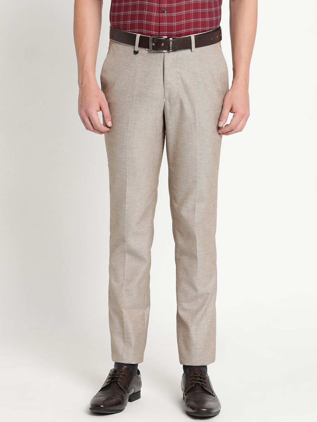 Khaki Dobby Slim Fit Flat Front Formal Trouser