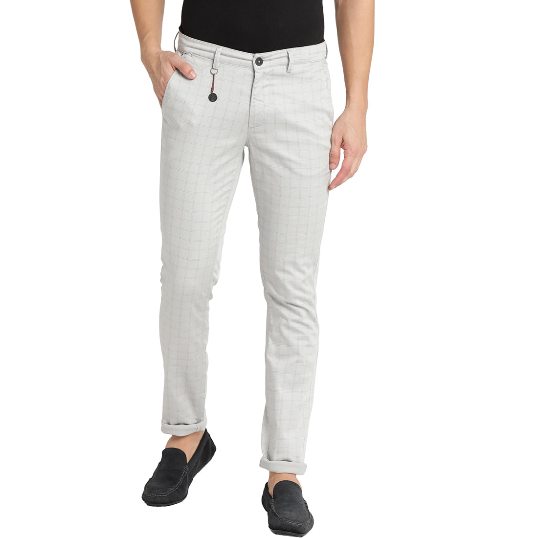 Turtle Men Cream Narrow Fit Checked Casual Trousers