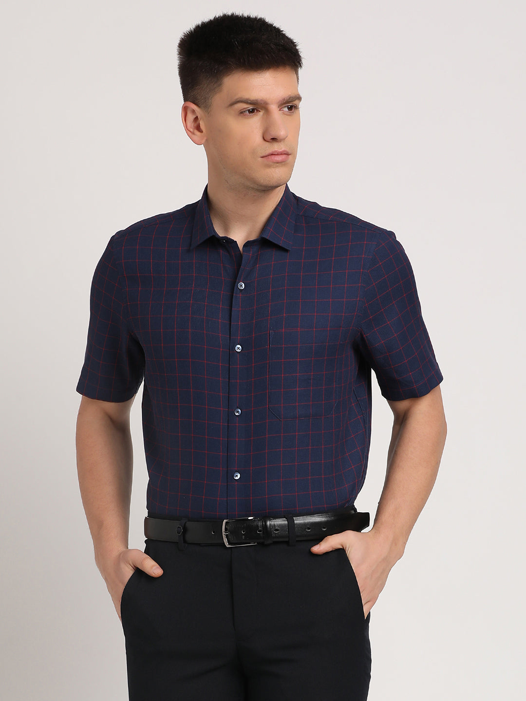 Giza Cotton Navy Blue Checkered Regular Fit Half Sleeve Formal Shirt