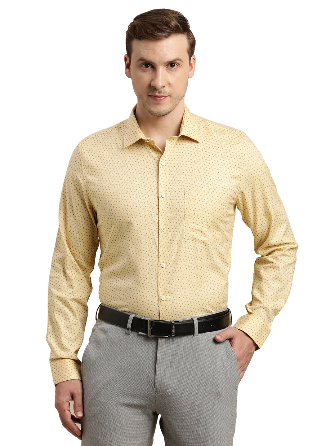 100% Cotton Yellow Printed Slim Fit Full Sleeve Formal Shirt