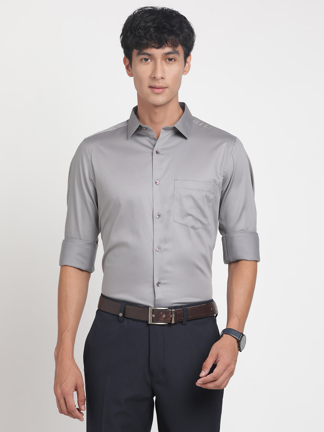 100% Cotton Grey Plain Slim Fit Full Sleeve Formal Shirt