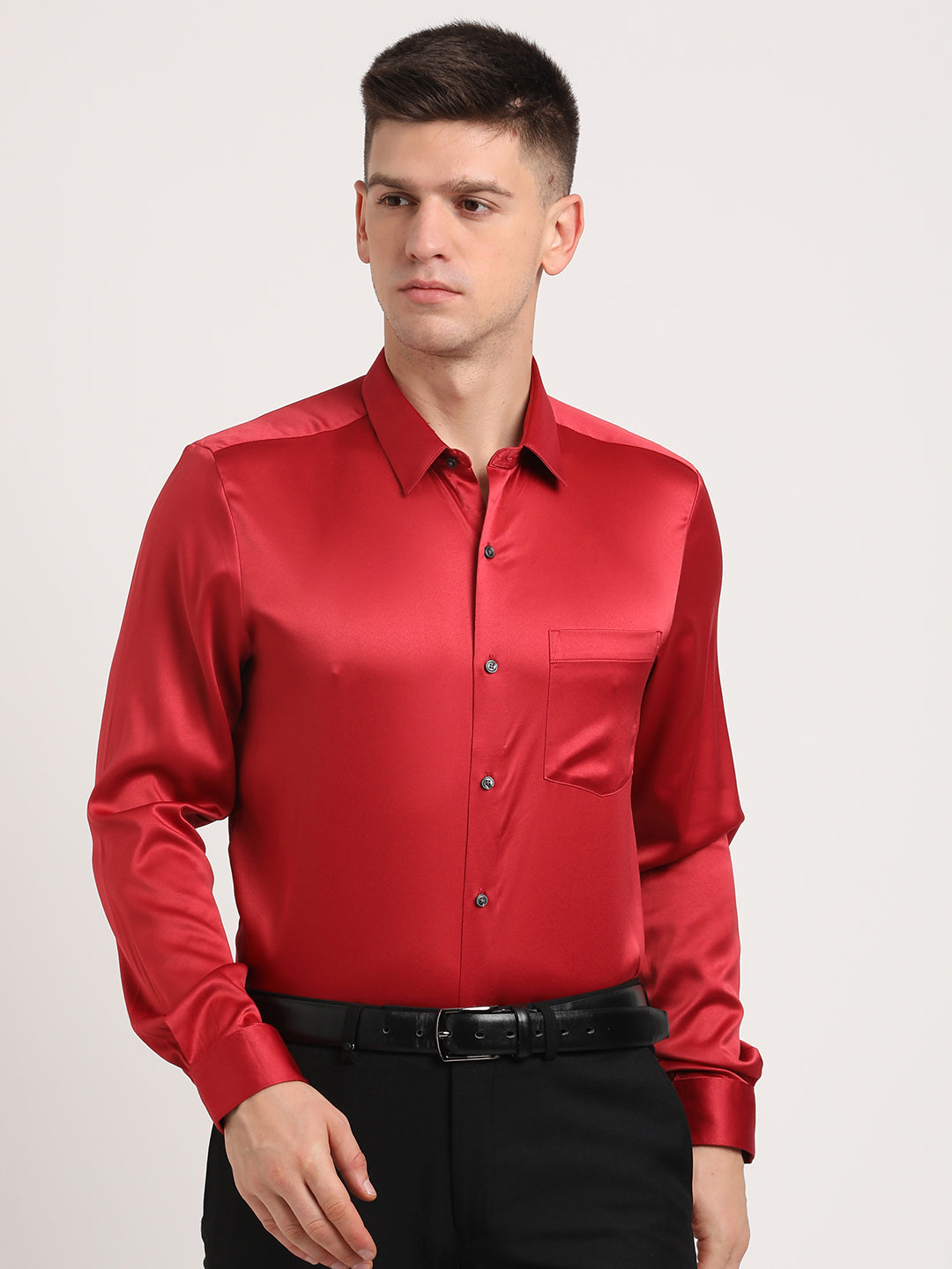 Poly Satin Red Plain Slim Fit Full Sleeve Ceremonial Shirt