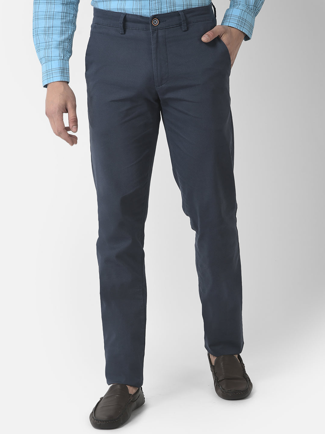 Cotton Stretch Blue Dobby Ultra Slim Fit Flat Front Casual Trouser