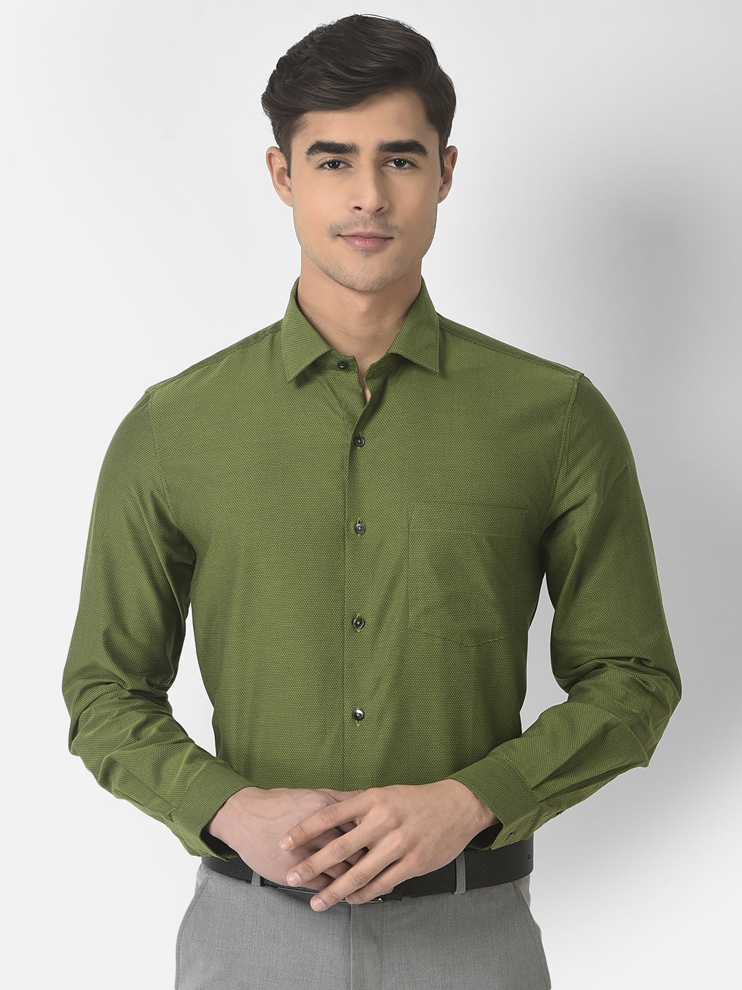 100% Cotton Dark Green Dobby Slim Fit Full Sleeve Formal Shirt