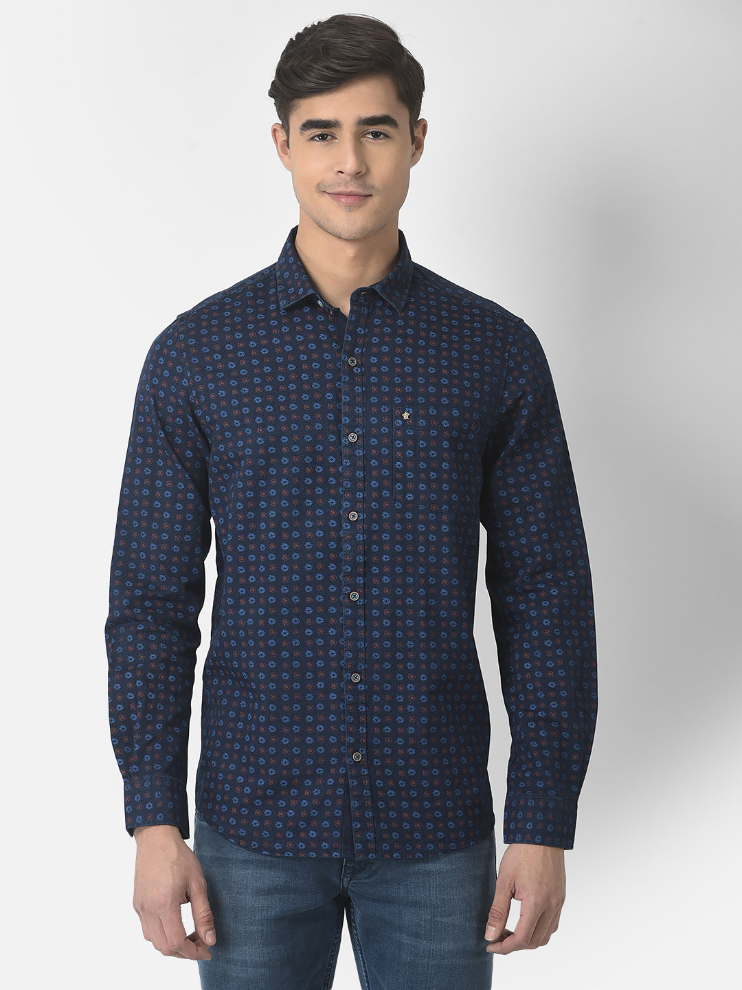 100% Cotton Indigo Navy Blue Printed Slim Fit Full Sleeve Casual Shirt