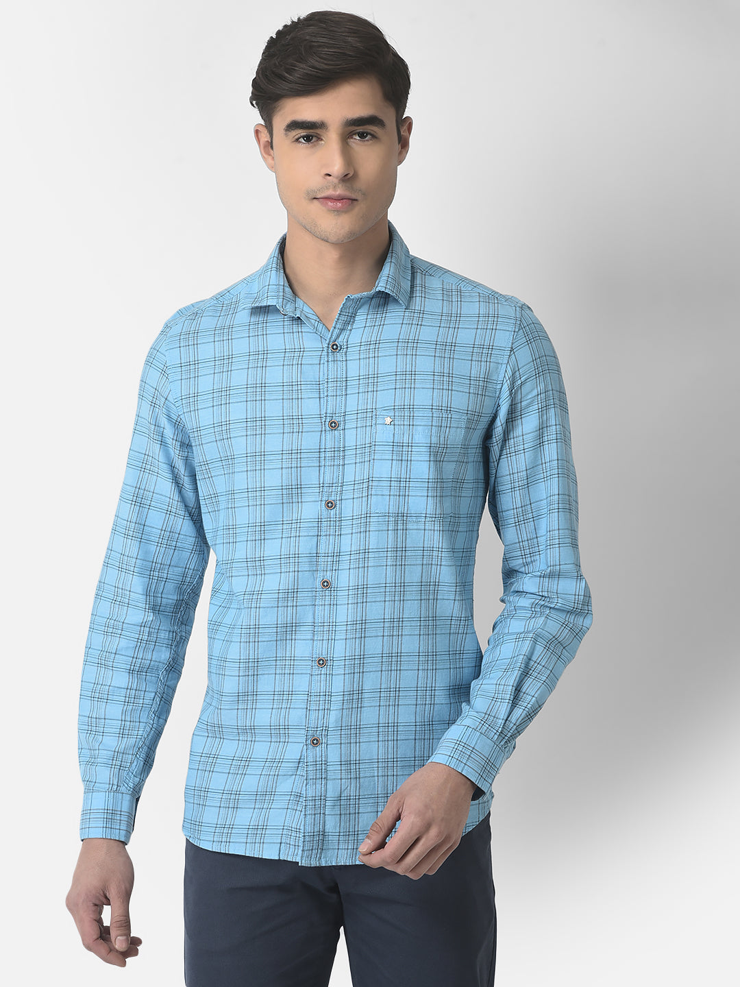 Cotton Melange Blue Checkered Slim Fit Full Sleeve Casual Shirt