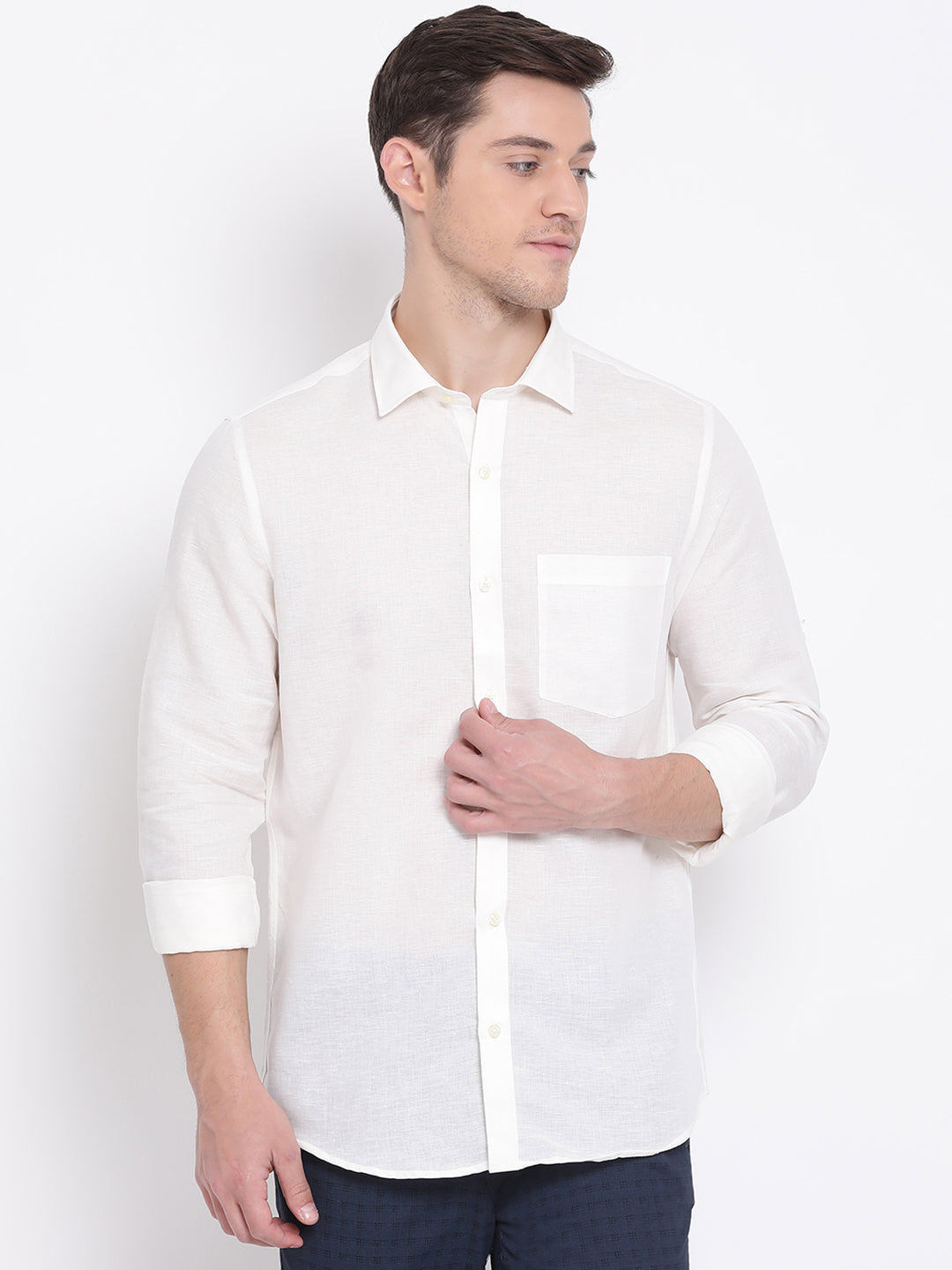 Cotton Linen Off White Plain Slim Fit Full Sleeve Formal Shirt
