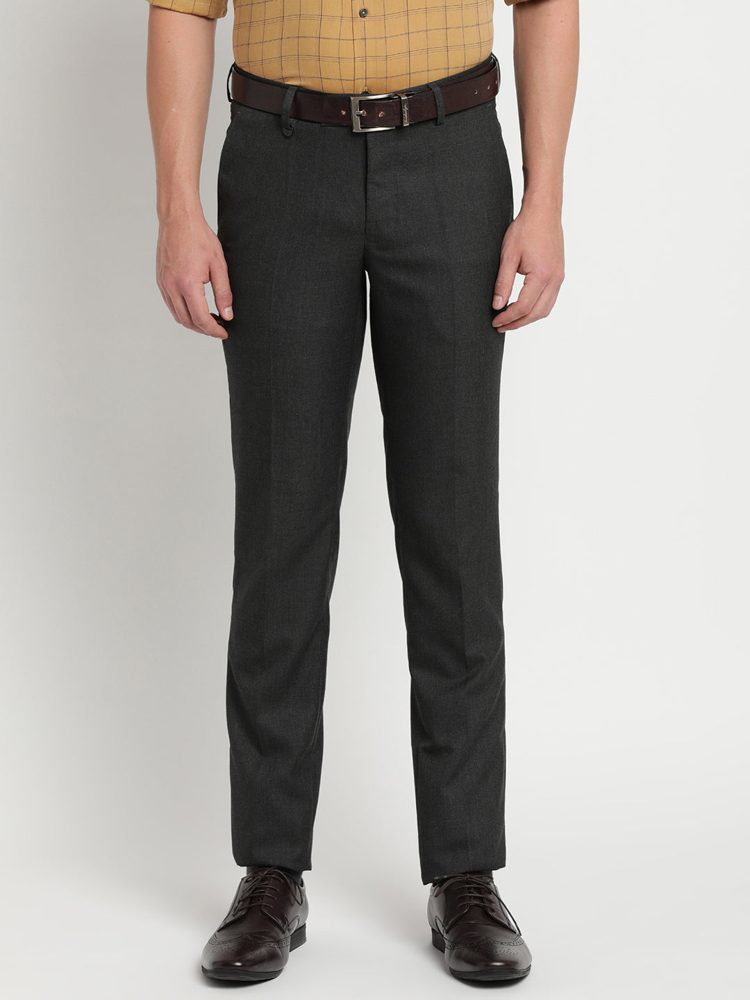 Poly Viscose Charcoal Dobby Slim Fit Flat Front Formal Trouser