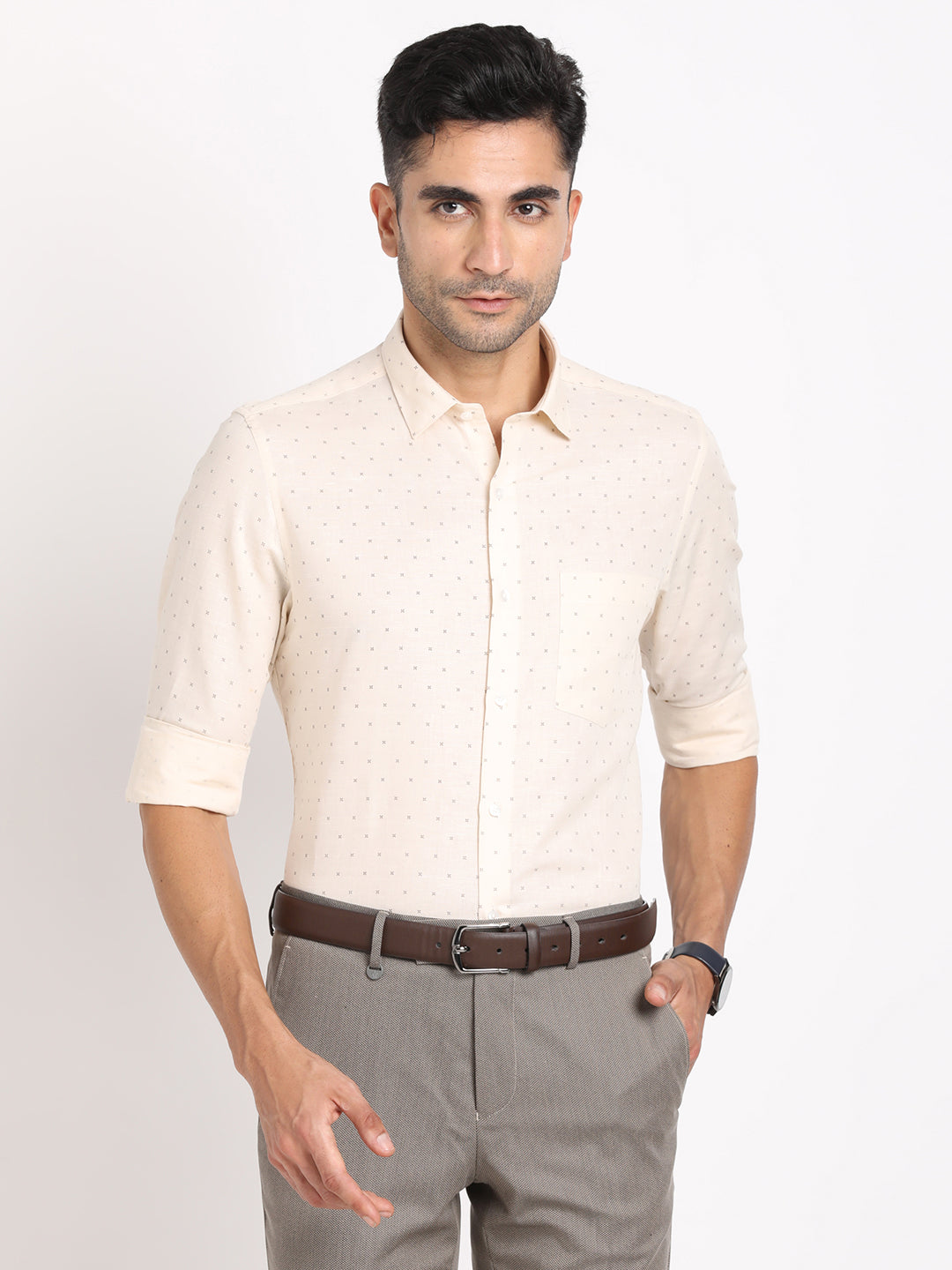 Cotton Linen Beige Printed Slim Fit Full Sleeve Formal Shirt