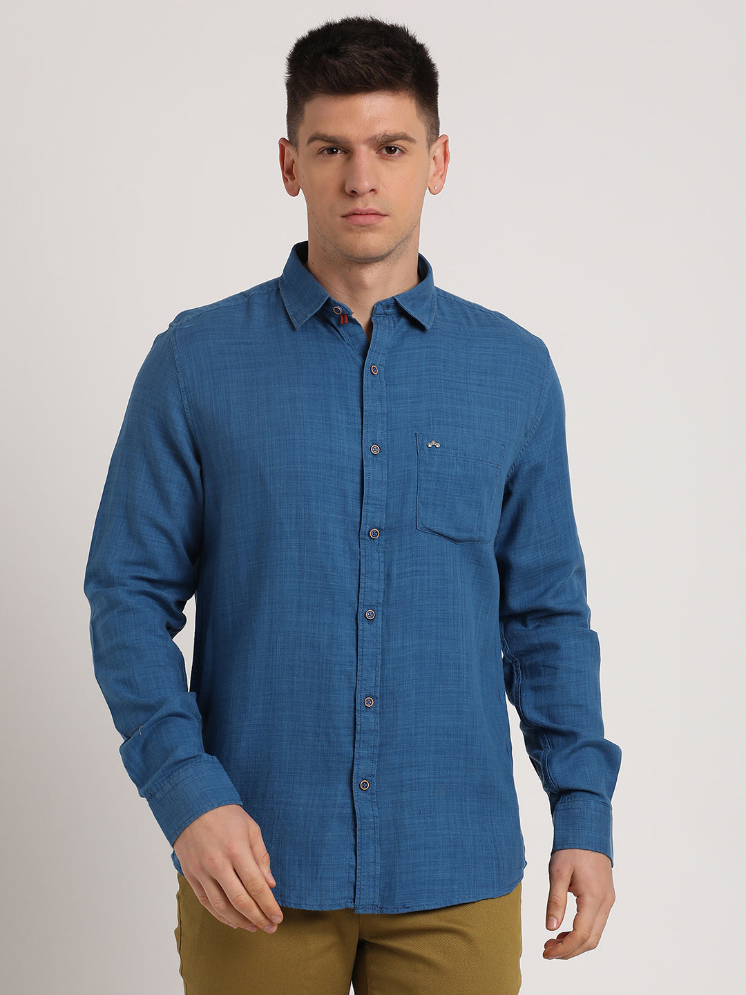 Cotton Lyocell Blue Plain Slim Fit Full Sleeve Casual Shirt